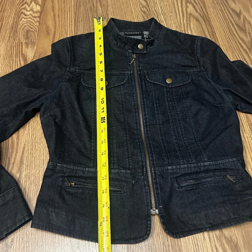 Apostrophe Stretch Dark Wash Denim Moto Jacket Mock Neck Peplum Blue Womens 6 - Picture 5 of 6